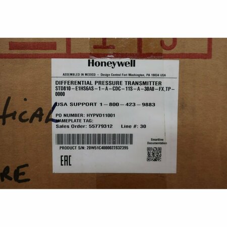 Honeywell Differential Pressure Transmitter STD810-E1HS6AS-1-A-CDC-11S-A-30A0-FX,TP-0000